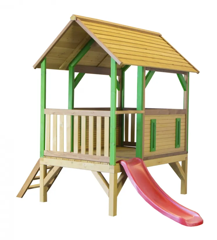 Kinder-Spielturm Holz flaches & offenes Stelzen-Spielhaus Rutsche vorgestrichen